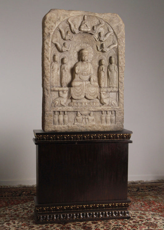 19th Century Buddhist Stele in Marble from Hebei Province, China with Stand