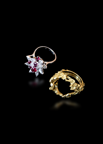Vintage 18k White Gold, Diamond And Ruby Cocktail Ring With Fitted Yellow Gold Pierced, Nugget Textured Jacket