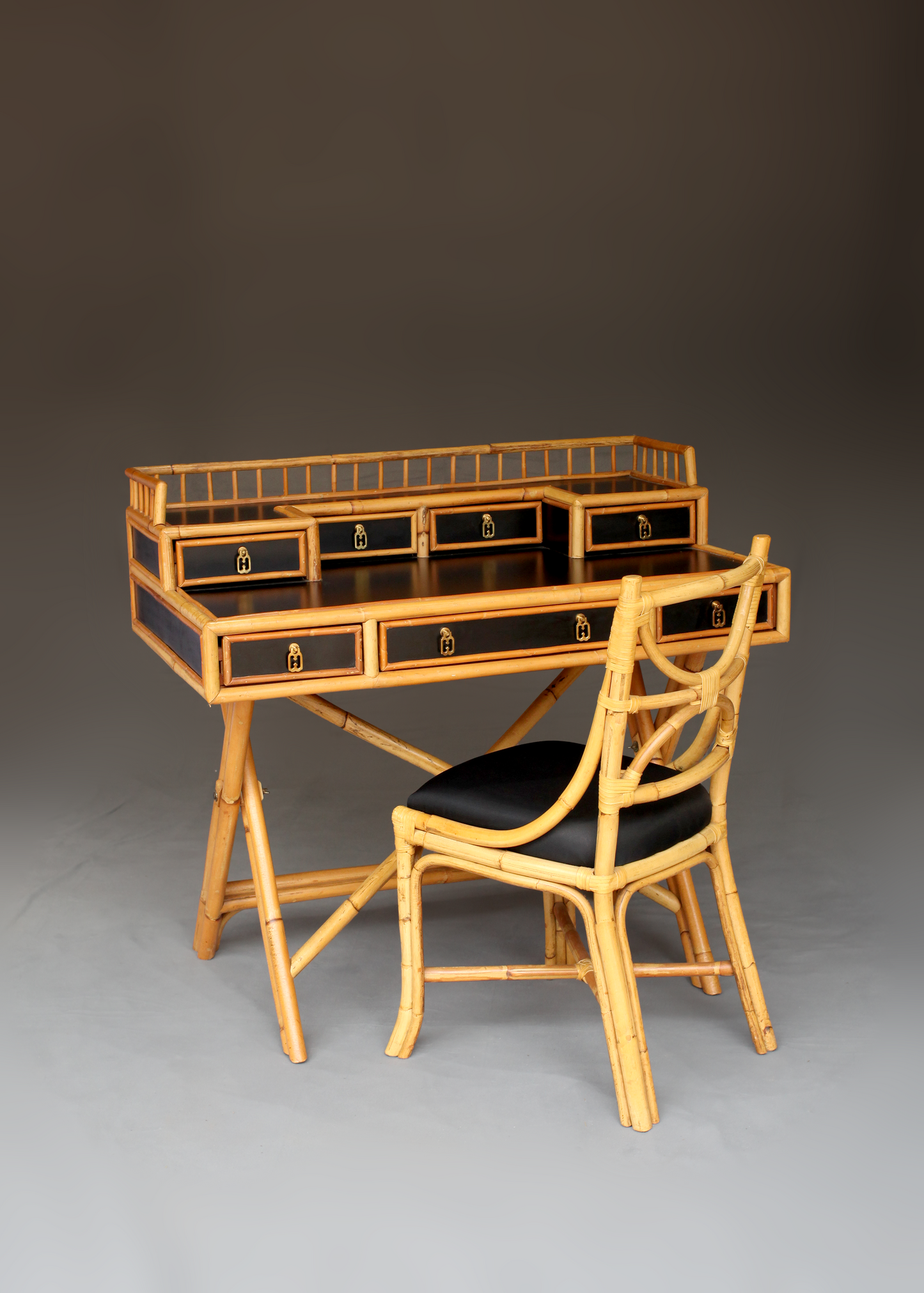 Classic Murio Bamboo & Lacquer Campaign Desk With Chair