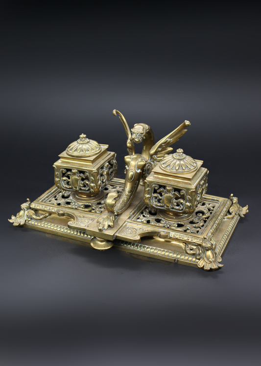 English Victorian Brass Double Inkwell Desk Stand
