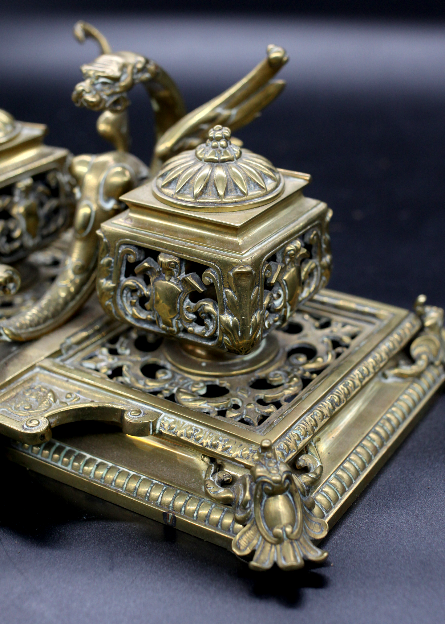 English Victorian Brass Double Inkwell Desk Stand
