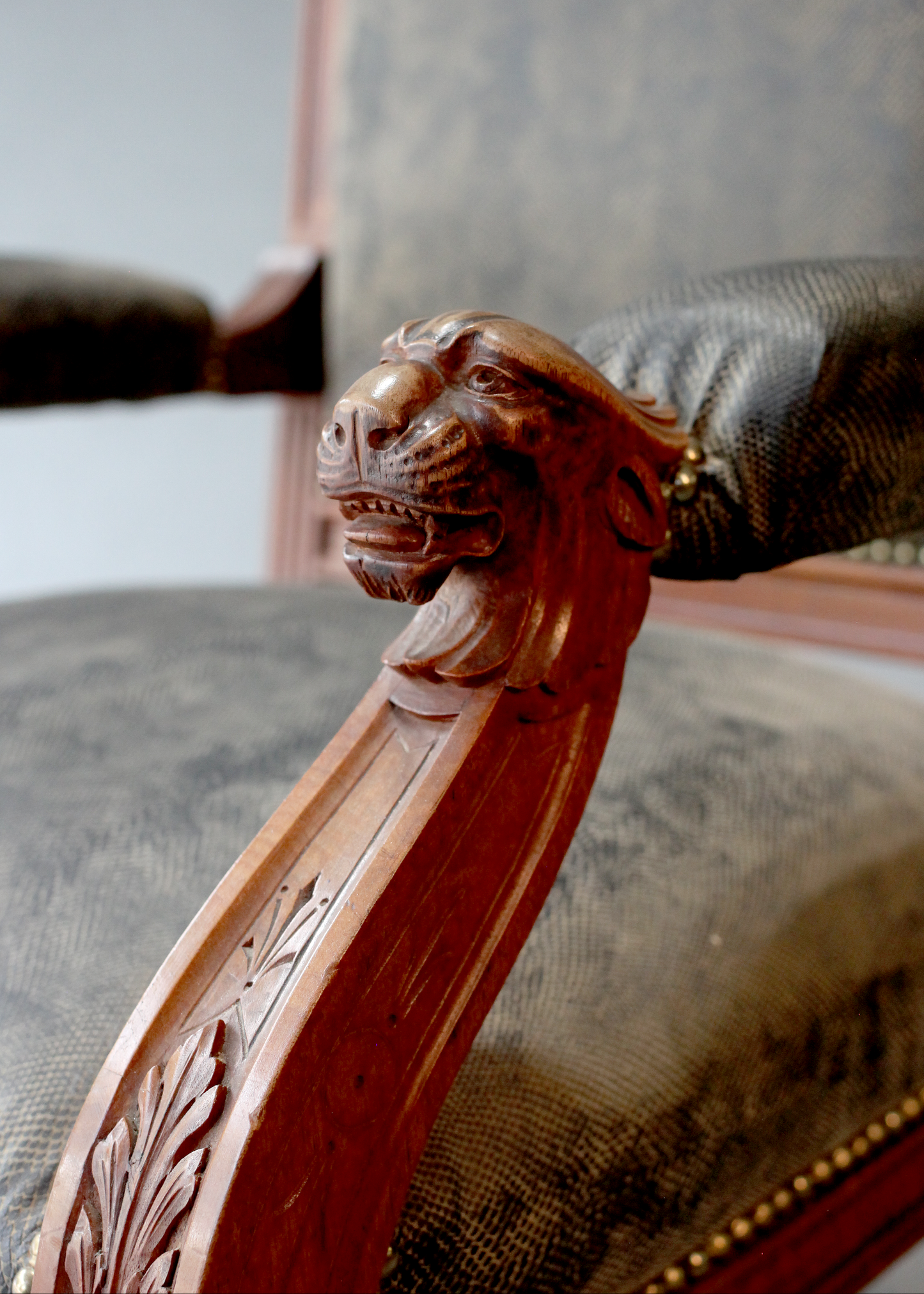 Pair 19th Century Scottish Mahogany Griffin Arm Chairs With Modern Snake Print Leather Upholstery