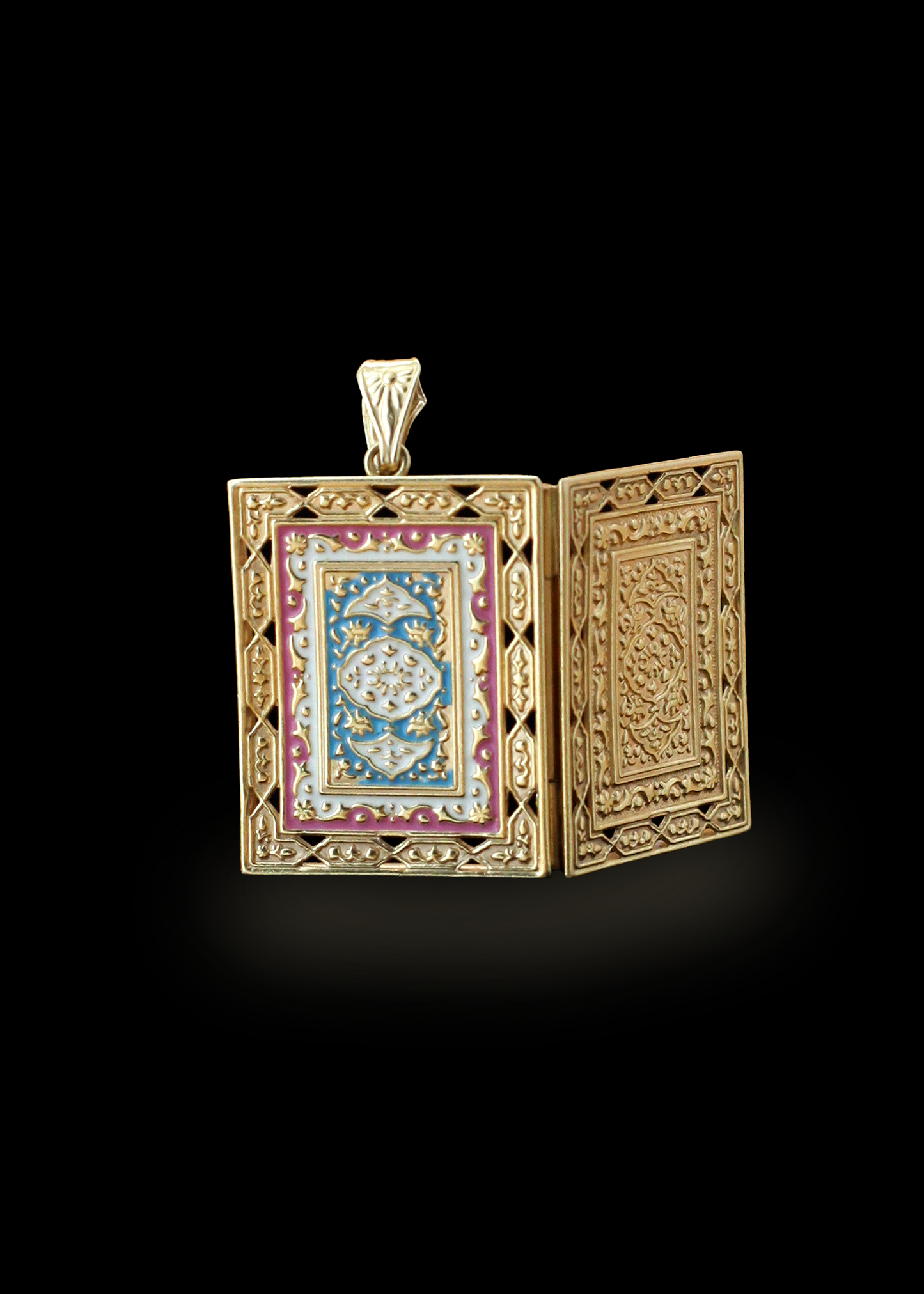 Midcentury 18kt Gold Enamled Miniature Koran/picture Locket