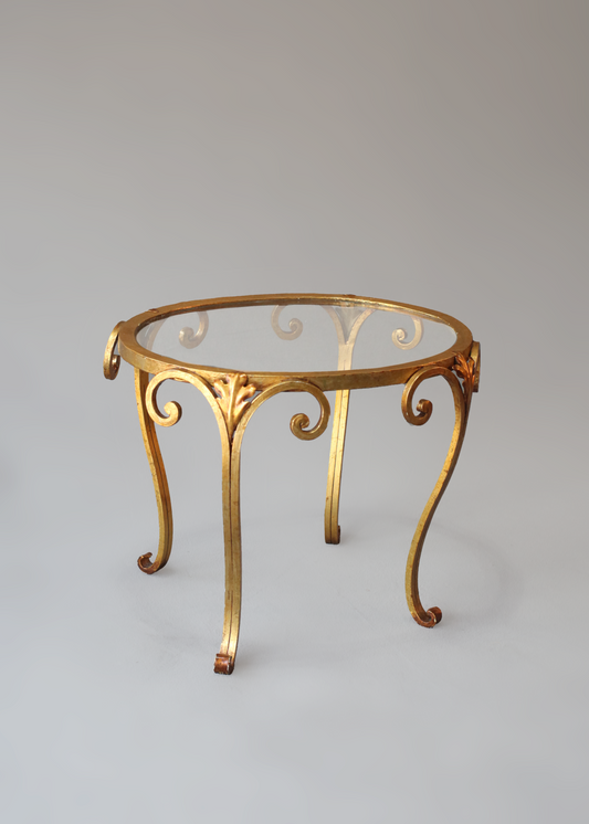 Vintage French Gilt Wrought Iron Glass Top Side Table