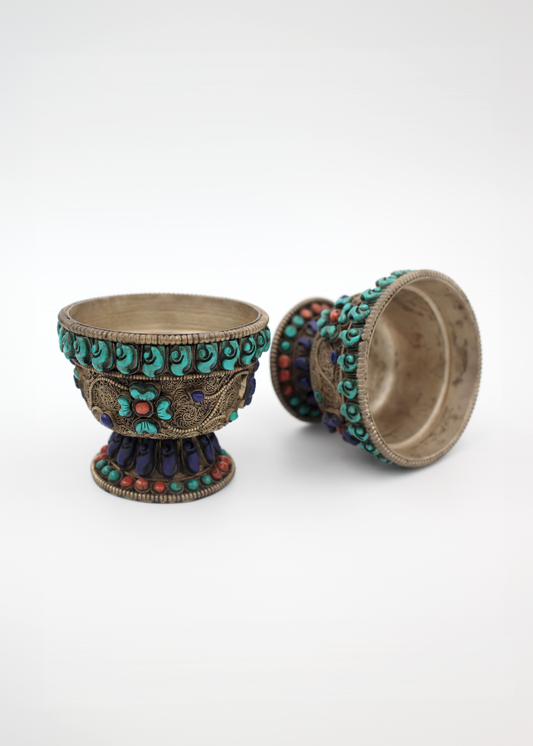 Set Of 8 Tibetan Stone-mounted Silvered Metal Filigree Bowls