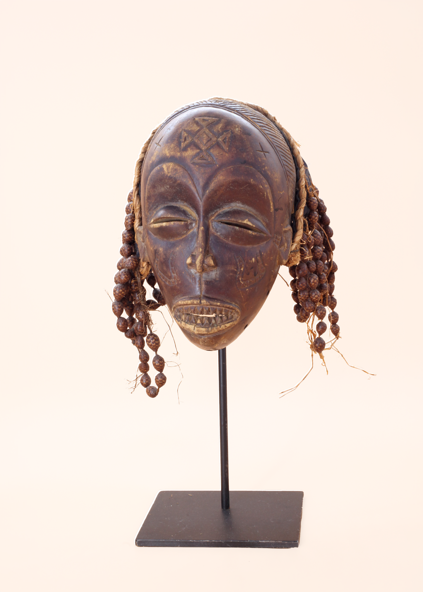 Chokwe Mask On Stand With Cloth And Seed Adornment