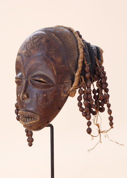 Chokwe Mask On Stand With Cloth And Seed Adornment