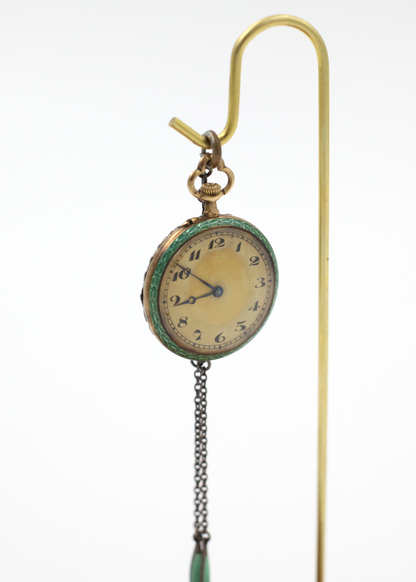 Lady's French Platinum, Yellow Gold, And Diamond Mint Green Guilloche Enamel, Open-face Pendant Watch On Chain