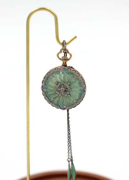Lady's French Platinum, Yellow Gold, And Diamond Mint Green Guilloche Enamel, Open-face Pendant Watch On Chain