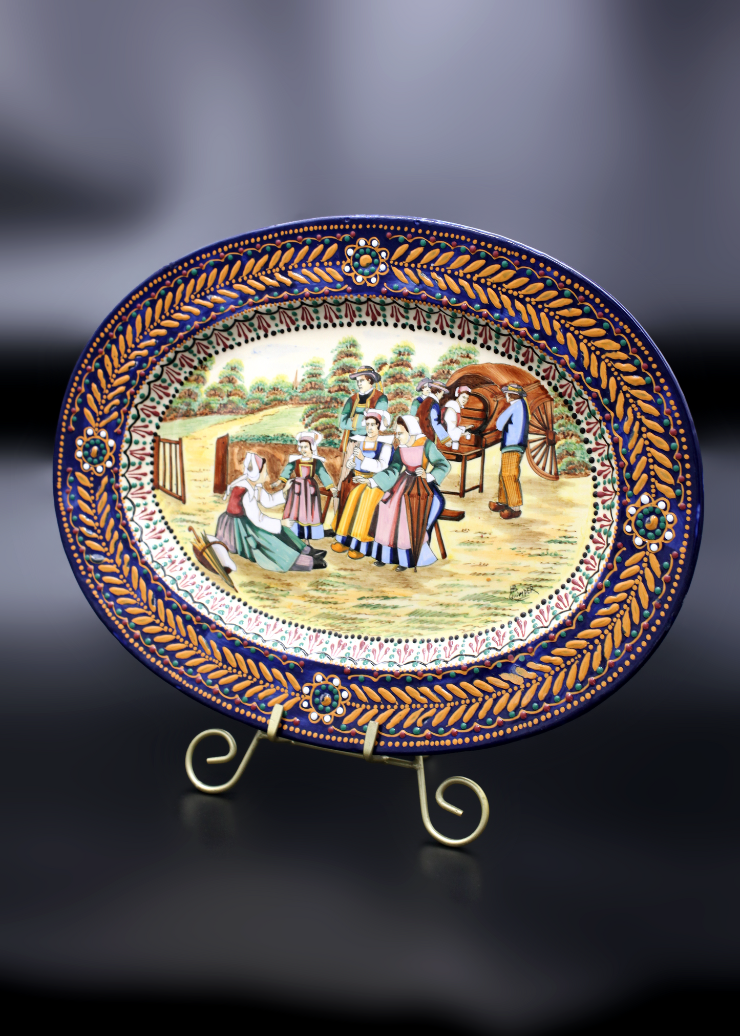 Vintage Signed "HB Quimper" Oval Pottery Platter In The Broderie Pattern